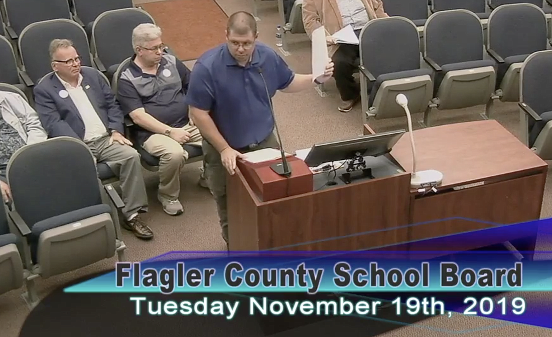 Randy Bertrand addresses the Flagler County School Board Nov. 19. Image via the Flagler County School District's video feed