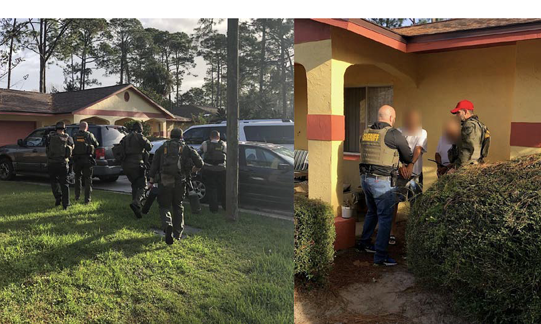Left: FCSO Tactical Members approaching 49 Birkshire Lane. Right: Residents removed in handcuffs prior to the search. Photos courtesy of the FCSO
