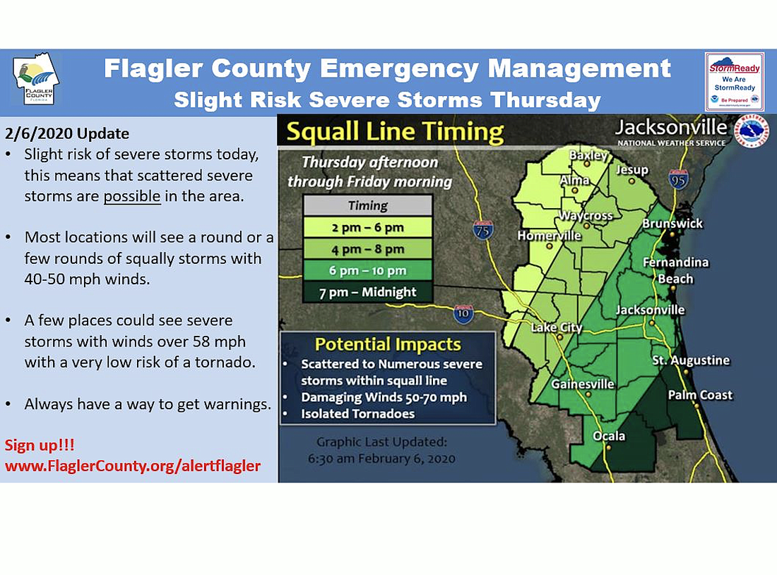 Storms are expected to start arriving at around 7 p.m. on Feb. 6. (Image courtesy of Flagler County Emergency Services)