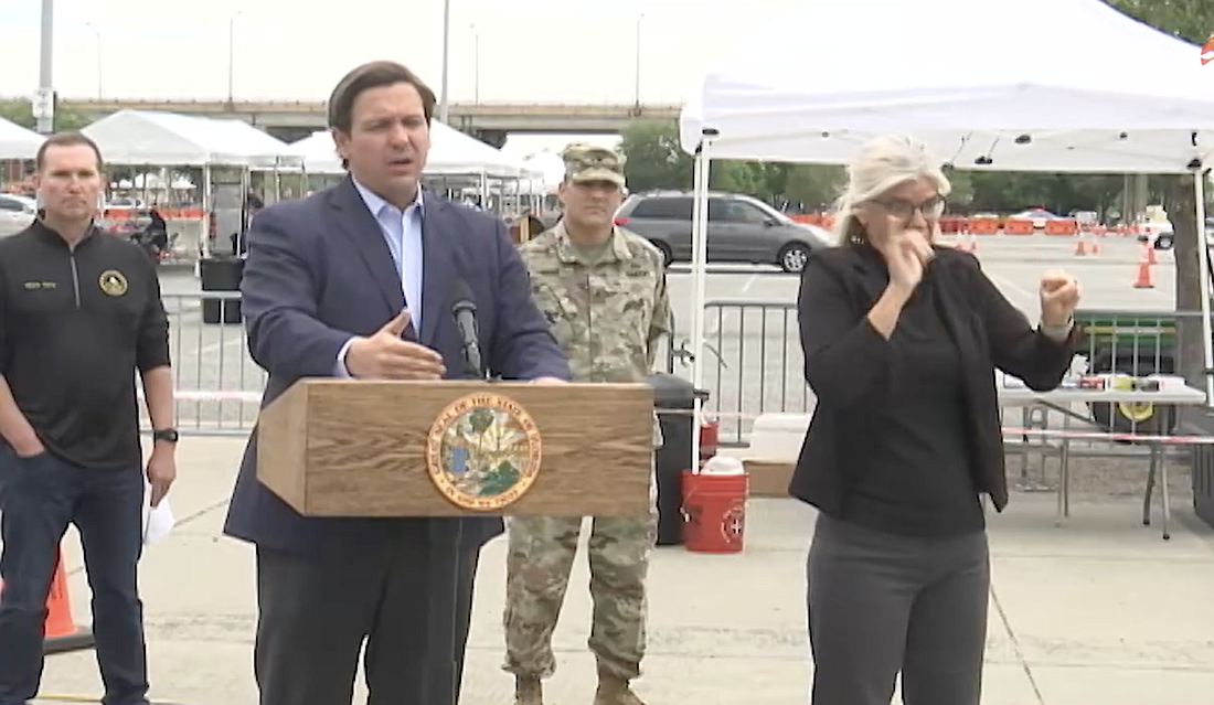 Florida Gov. Ron DeSantis speaks during a news conference streamed on The Florida Channel's website April 10. Image from The Florida Channel