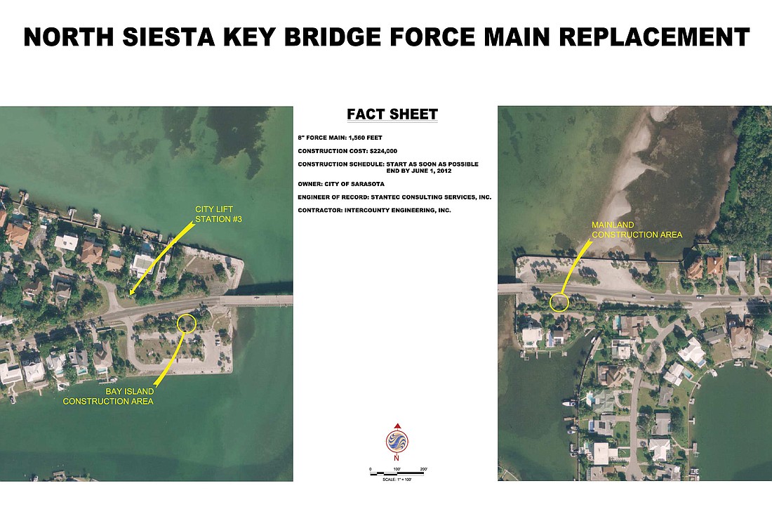 An aerial view shows the location on the south side of the Siesta north bridge that engineers say they expect a contractor to use for staging purposes during a sewer project this spring. Courtesy of Stantec Consulting Services.