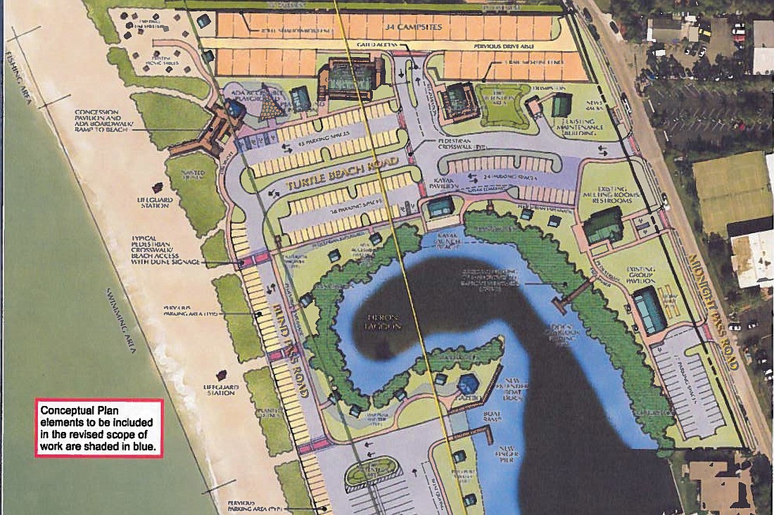The parking areas and pedestrian walkways, shaded in purple, are scheduled to be improved at Turtle Beach, thanks to a County Commission vote Jan. 10.
