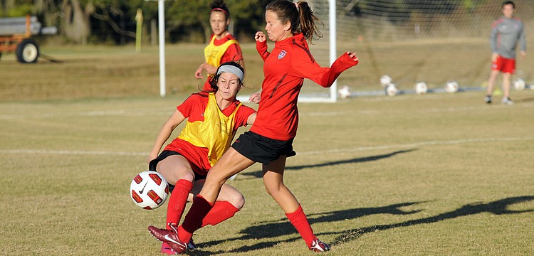Members of the U.S. Soccer Under-23 Women's National Team work on defensive drills during a training camp practice Jan. 19 at the Premier Sports Campus at Lakewood Ranch.
