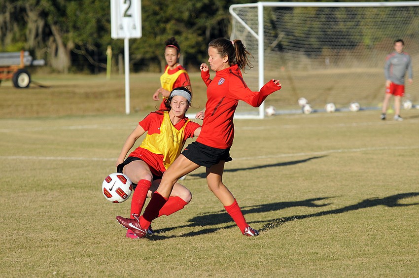 Members of the U.S. Soccer Under-23 Women's National Team work on defensive drills during a training camp practice Jan. 19 at the Premier Sports Campus at Lakewood Ranch.