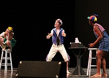 Sydney Deal, Matthew Robertson and Treyvon Thomas perform "Words, Words, Words", Thursday, Jan. 19, during Booker High Magnet Night for Visual and Performing Arts.