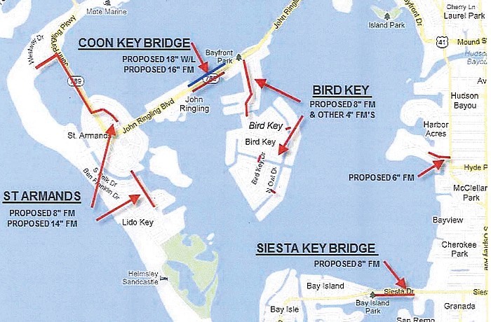 Sewer lines that cross four city bridges will be replaced as part of a $2.1 million infrastructure project. Map courtesy of the city of Sarasota/Google.