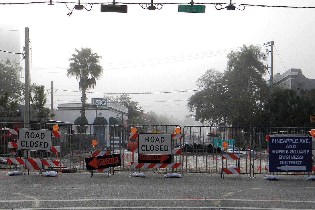 Construction on a roundabout at Pineapple Avenue and Ringling Boulevard is expected to last until June at the latest. Photo by Norman Shimmel.