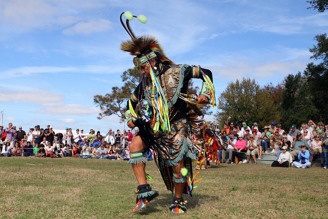 Keith Sharpshead dances the Chicken Dance, Saturday, Jan. 28, during the Fifth Annual Sarasota Indian Festival.