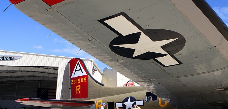 Underneath one of the wings on the "Nine O Nine" Boeing B-17 Fortress.