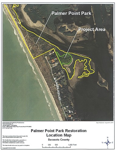 An aerial map shows the area of the restoration at Palmer Point Park on Casey Key. Courtesy of Sarasota County.