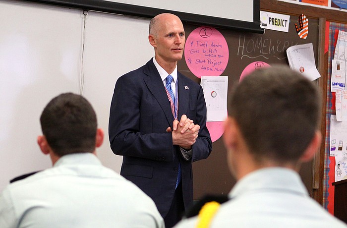 Rick Scott talking to a group of Freshman at Sarasota Military Academy.