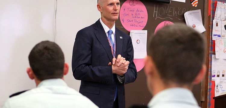 Rick Scott talking to a group of Freshman at Sarasota Military Academy.