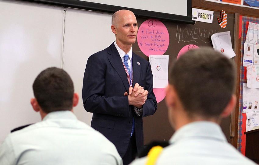 Rick Scott talking to a group of Freshman at Sarasota Military Academy.
