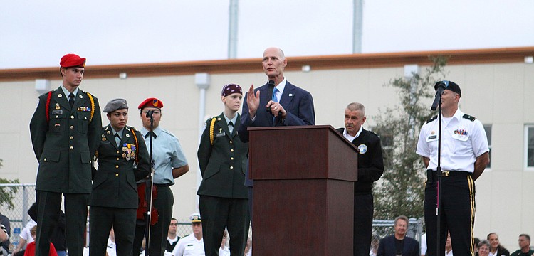 Gov. Rick Scott addresses the students at Sarasota Military Academy, Friday, Feb. 17.
