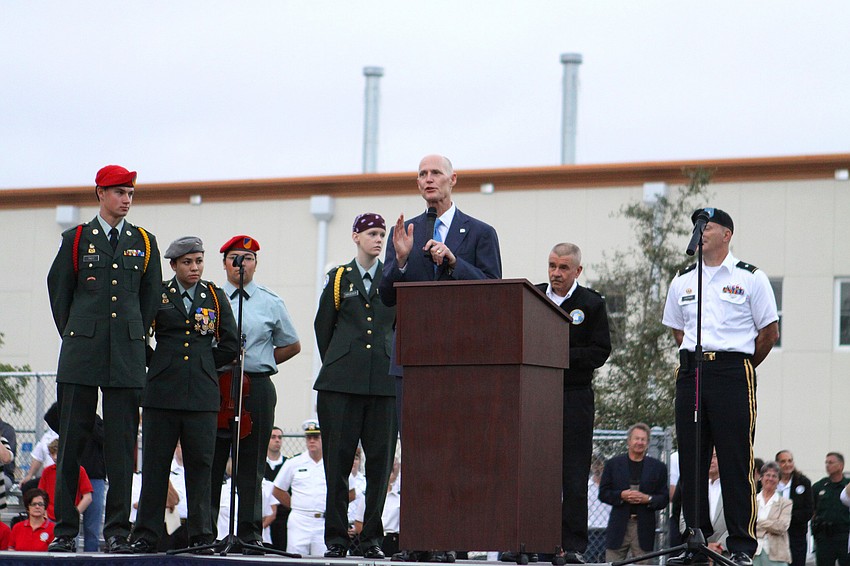 Gov. Rick Scott addresses the students at Sarasota Military Academy, Friday, Feb. 17.