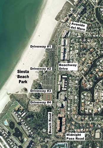 A traffic analysis conducted by a Sarasota County consultant in May 2011 proposed vehicle-flow changes for four driveways at Siesta Public Beach.