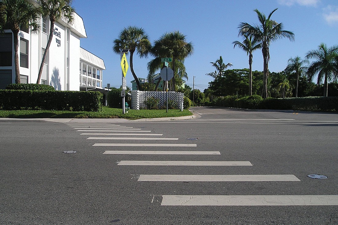 New crosswalks coming to Midnight Pass Road will be more elaborate than the crosswalk from Beach Way to the public beach. File photo.