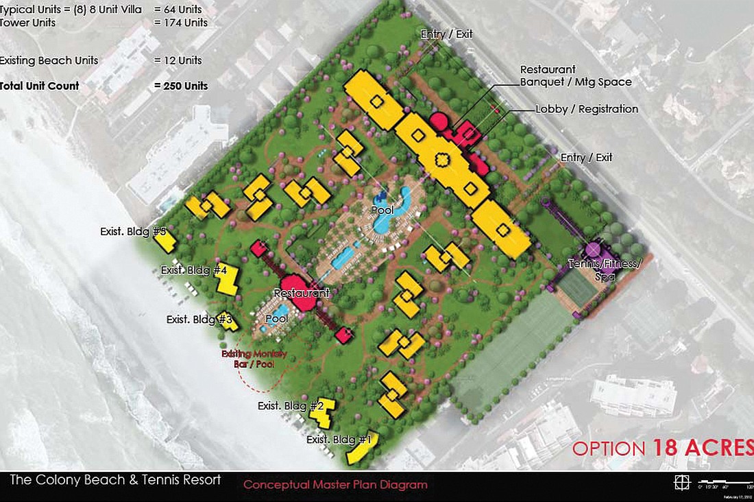 The conceptual master plan diagram shows the entire 18-acre property, although the board and Club Holdings Ventures have said they will proceed with 15 acres if necessary. Courtesy rendering.