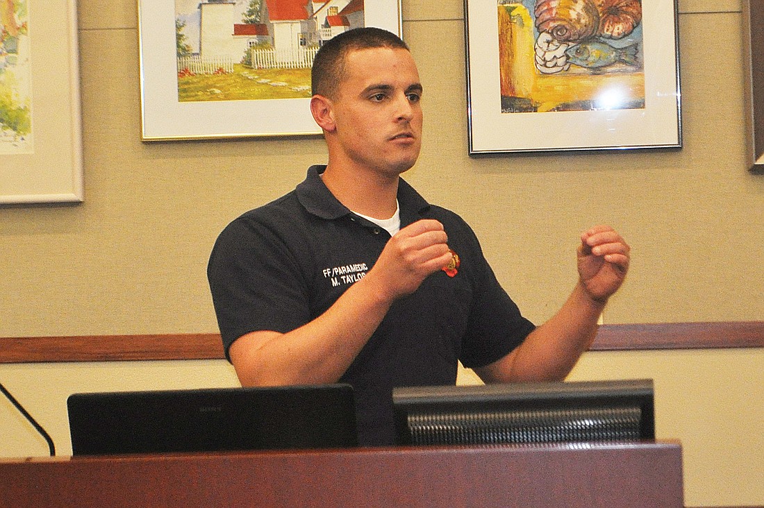 Firefighter/paramedic Matt Taylor made a presentation at the Feb. 22 Firefighters Pension Board meeting. Photo by Robin Hartill.