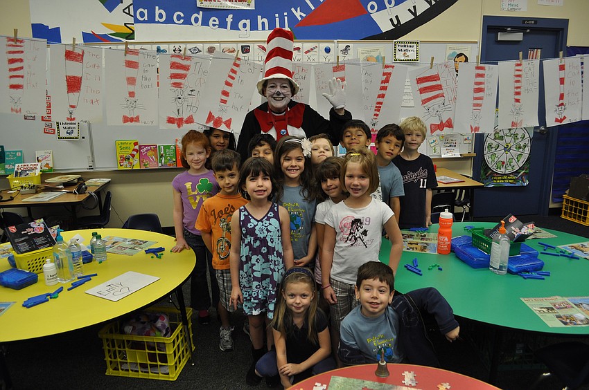 Fruitville Elementary teacher Laurie Butler dressed as The Cat in the Hat to celebrate Dr. Seuss' birthday.
