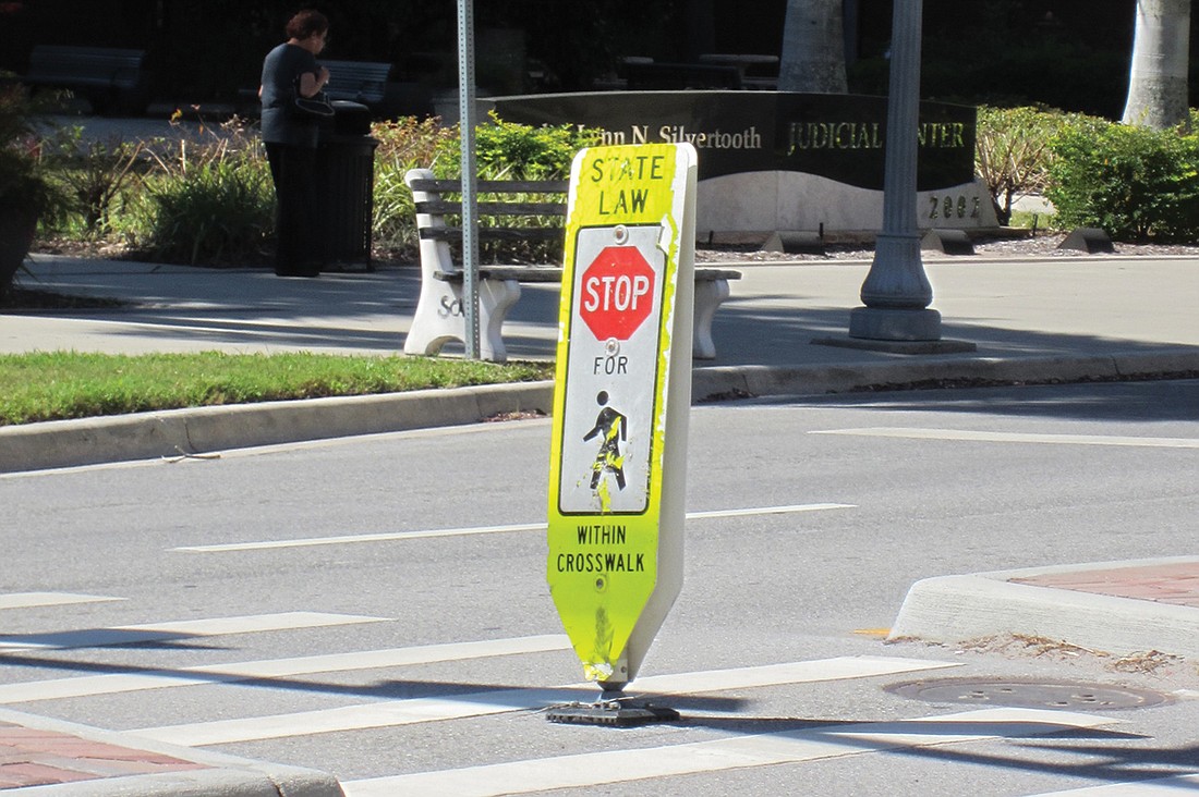 Sarasota County staff has recommended the use of delineators in crosswalks. Photo by Rachel Brown Hackney.