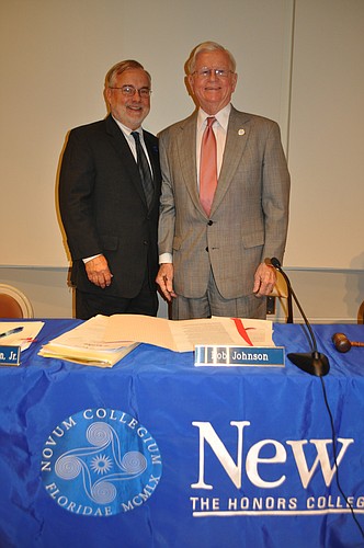 President Gordon Michalson with Chairman of the Presidential Search Committee Robert M. Johnson