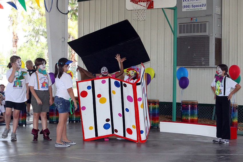 The fourth grade clowns perform a skit, Friday, March 9 at Bay Haven Elementary.