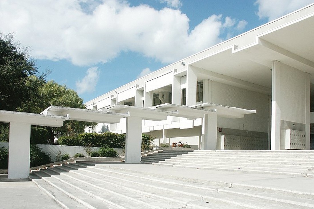 The 1960 addition to Sarasota High School, designed by famed Sarasota resident Paul Rudolph, will be a focal point of the planned new campus entrance from Bahia Vista Street. Photo courtesy Sarasota County Public Schools.