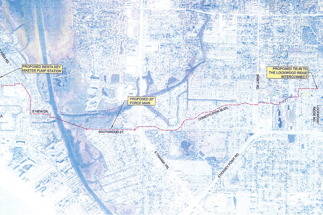 A map shows the tentative route of Siesta Key sewer force main pipeline, through the Ashton Lakes neighborhood on the mainland. Sarasota County Public Works.