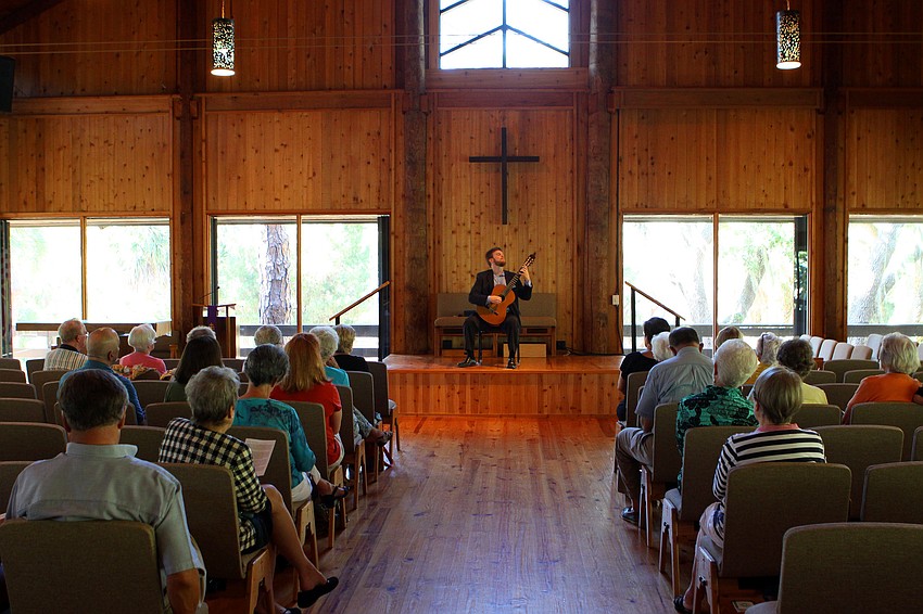 Dr. Zachary Johnson played on the small stage inside Siesta Key Chapel, Sunday, March 25, as part of the Arts Series.