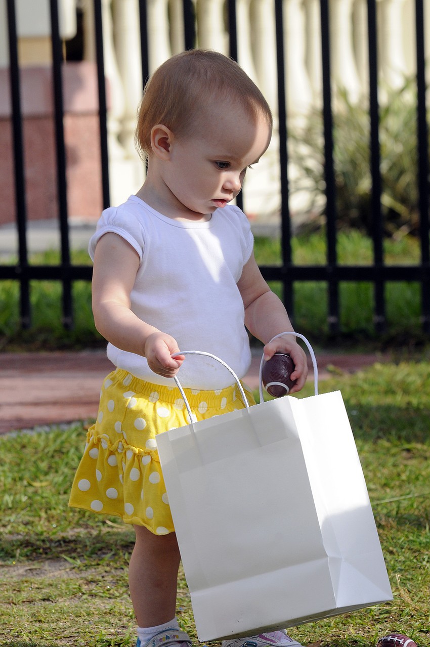 Aubrey Hoonhout collected a bagful of eggs.