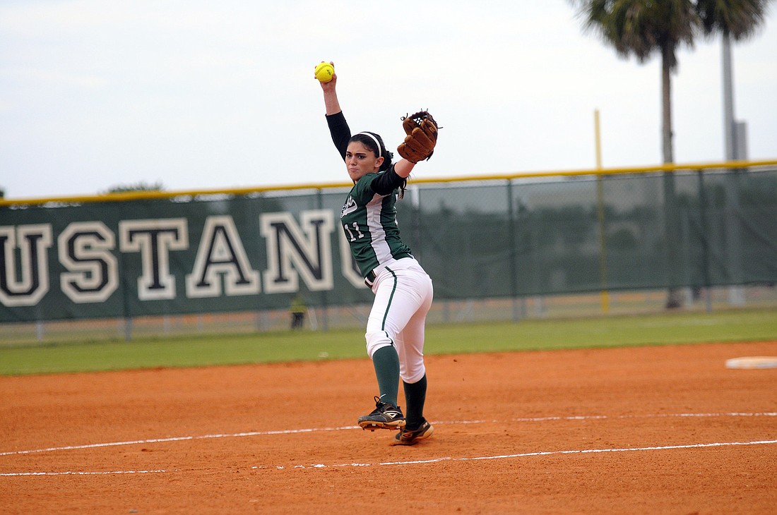 Huntyre Elling pitched a complete game for the Lady Mustangs, allowing two hits and two walks while striking out 10.