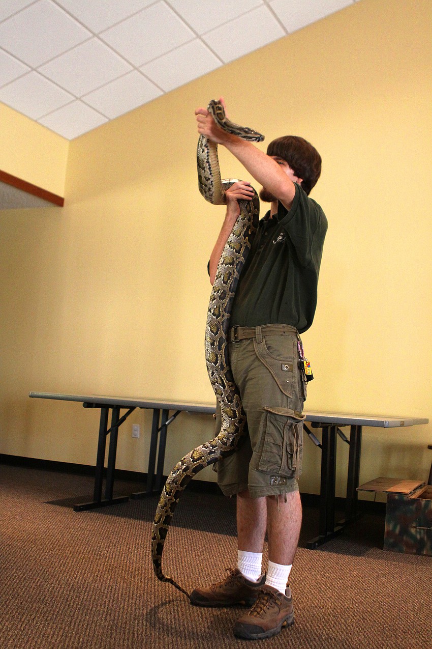 Jeremiah Nichol shows St. Boniface preschoolers how long Lucky, a Burmese python, is, Thursday, Jan. 12, inside the Parish Hall at St. Boniface.