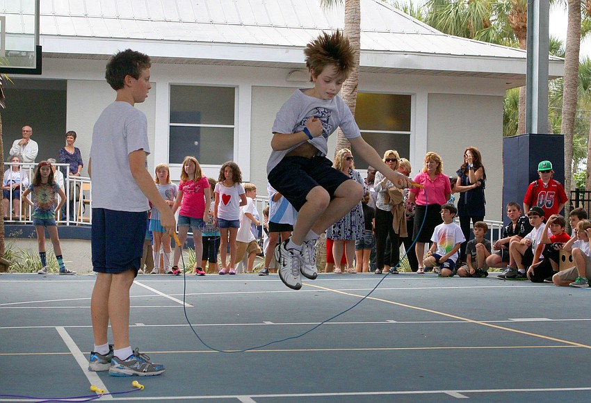 Sarsen Whatmore and Ethan Ball show off their jump roping skills during the Jump Rope for Heart event on Friday.
