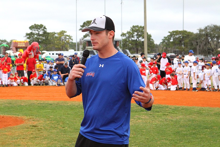 Joey Terdoslavich, 23, talked to the players during the opening day ceremony, Saturday, Feb. 18. Terdoslavich used to play baseball in Sarasota and is now on the Atlanta Braves.