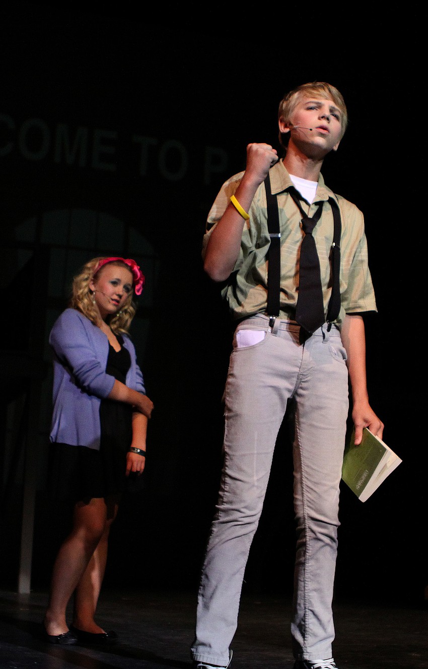 Nick Piazza, played by Hunter Day, 7th grade, talks about the importance of Stanislavski to Serena Katz, played by Alex Weger, 8th grade.