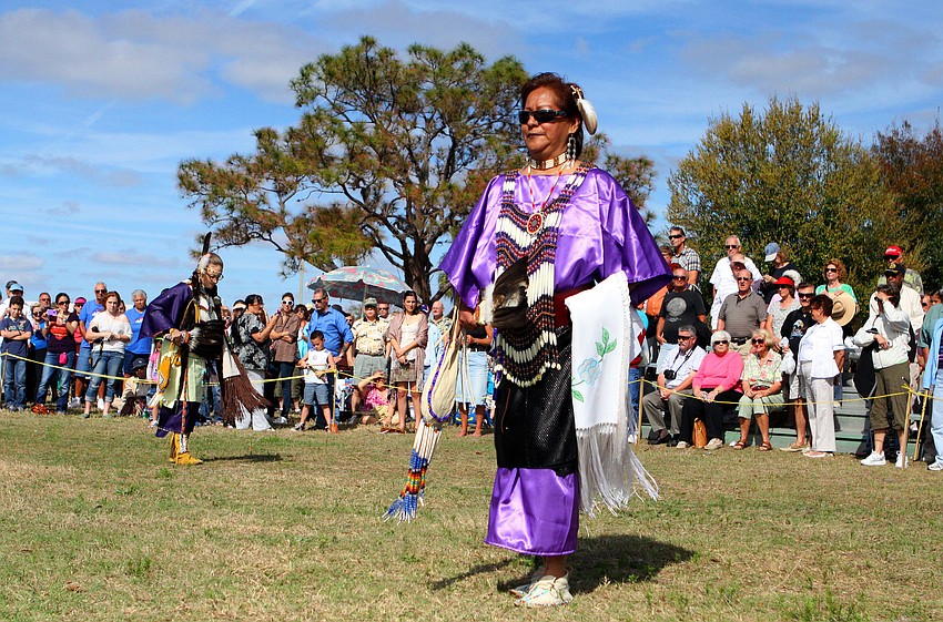Michelle Anquoe and Rita Horse perform an honor dance.