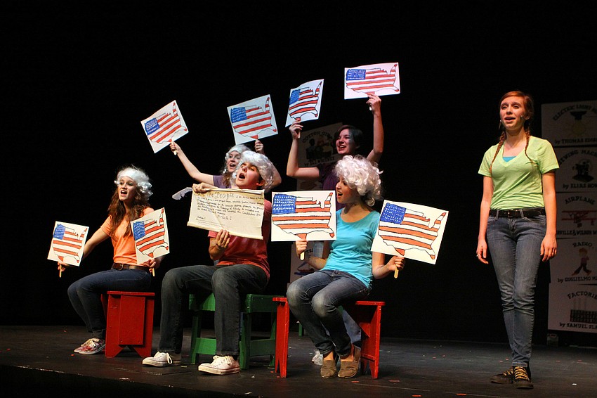 Part of the cast of â€œSchoolhouse Rock Live!â€ sings â€œThe Preambleâ€, Friday, March 30, at Cardinal Mooney High School.