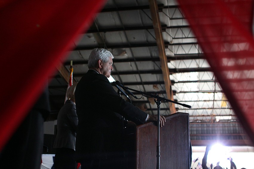 Presidential contender Newt Gingrich speaks to a crowd of 4,700, Tuesday, Jan. 24, at Dolphin Aviation.