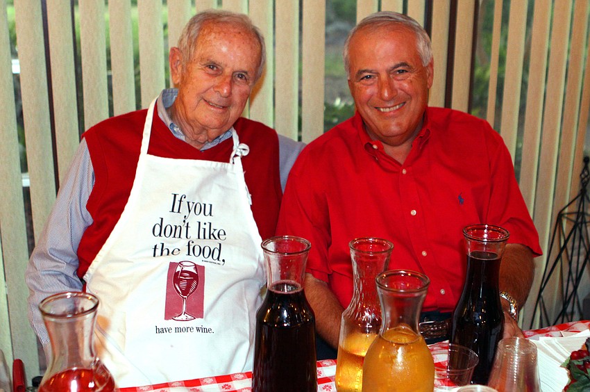 Ray Angle and Arnie Vance manned the wine table at the spaghetti dinner, Saturday, Jan. 7 at the Sarasota Garden Club.