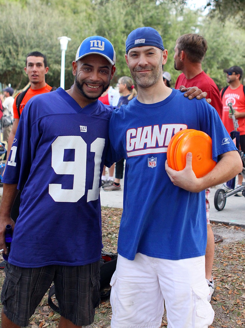 Ralph Beabrauth and Bobby Pastoreck, Jr. wore New York Giants gear, Saturday, Feb. 4, at the 16th annual Ice Bowl Disc Golf Tournament.