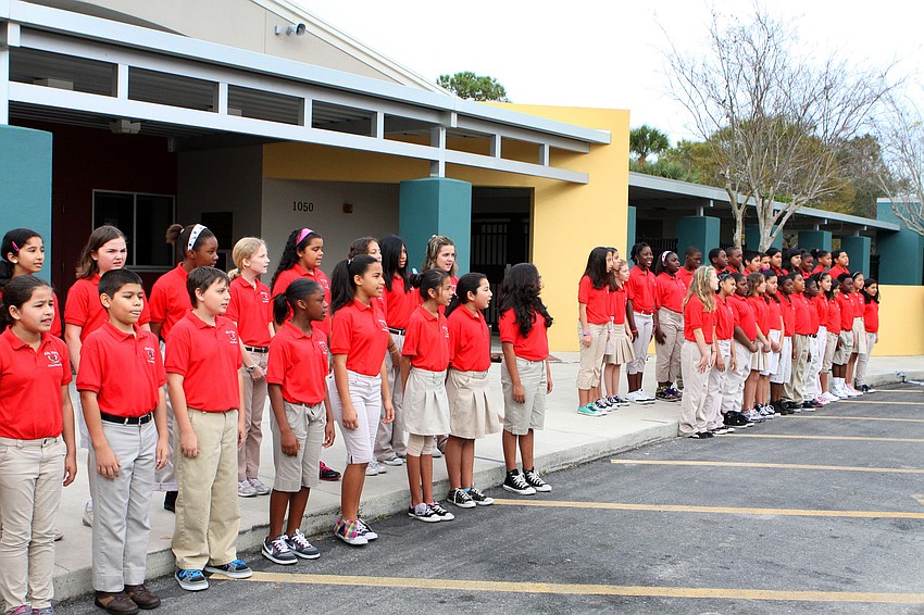 The Alta Vista Chorus performed during the Veteran's Memorial Re-dedication Ceremony, Friday, Feb. 17, at Alta Vista Elementary.