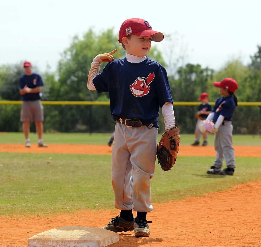 Five-year-old Zack Groth played first base for the Indians on Opening Day.