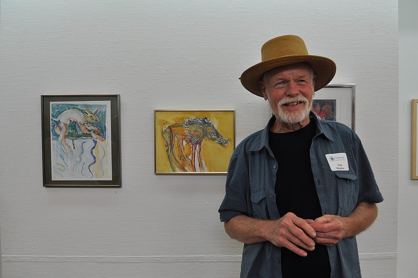 Craig Rubadoux in front of three of his works â€œHare and Serpents,â€ Sandyâ€™s Pigâ€ andâ€Shelter for Fauna.â€
