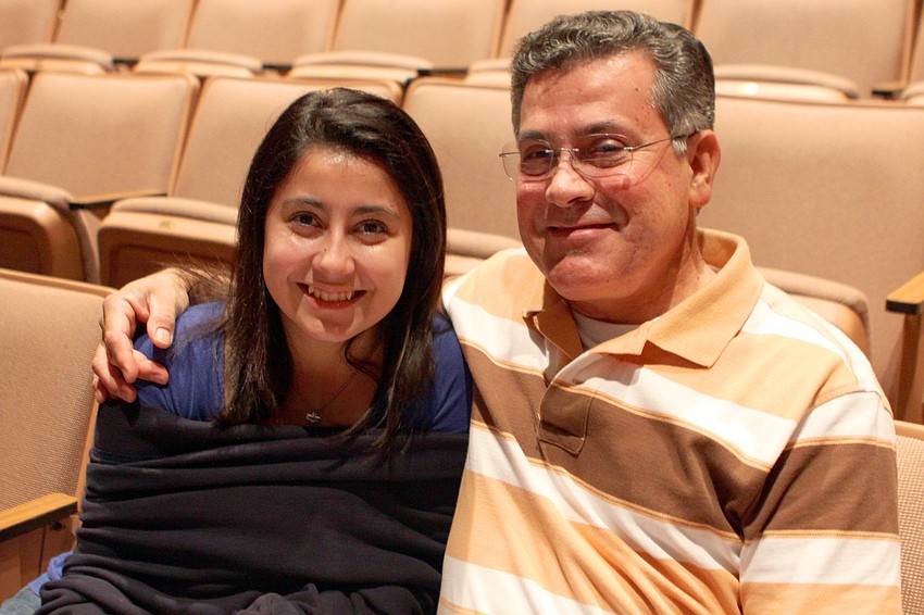 Elizabeth Betancur, 13, and her dad, Jorge, attended the Booker High Magnet Night for Visual Performing Arts, Thursday, Jan. 19, inside the Booker High auditorium. Betancur hopes to do the VPA program for music.