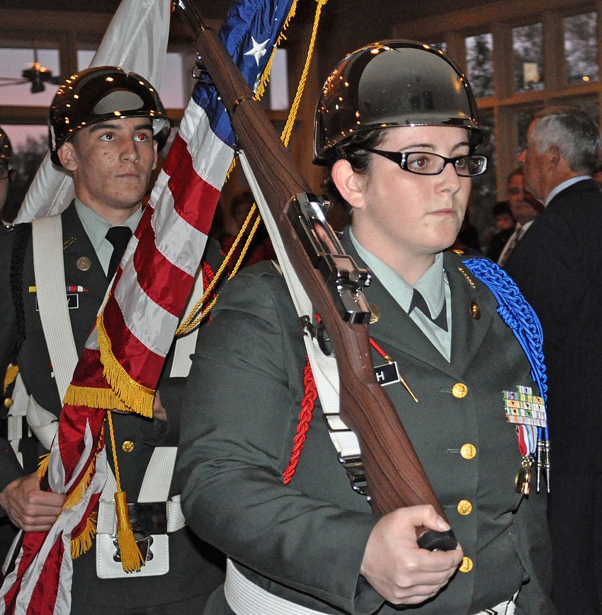 Seniors Dash Seeley and Samantha Lynch posted the colors with the Lakewood Ranch High JROTC Color Guard.