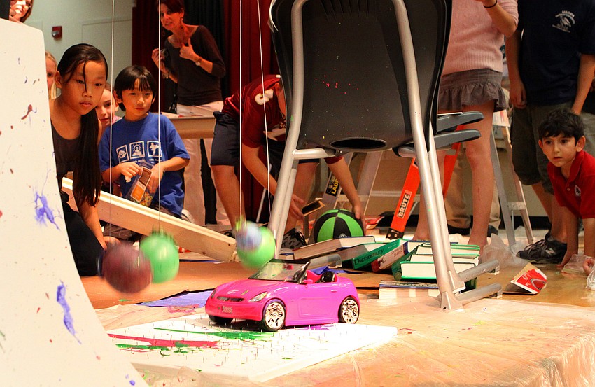 A Barbie car was used in a Rube Goldberg project done by 5th graders at Southside Elementary. The projects were on display, Thursday, Feb. 16, during Science Night.