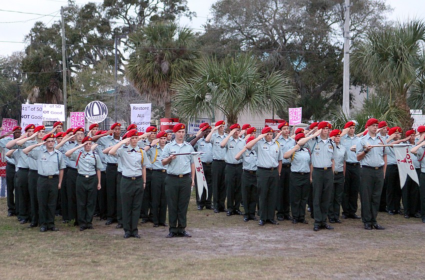 Students at Sarasota Military Academy stand at attention, Friday, Feb. 17, during Gov. Rick Scott's visit.