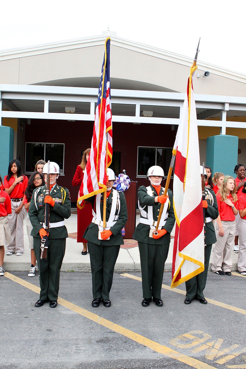 The Sarasota High School JROTC presented the colors, Friday, Feb. 17, during the Veteran's Memorial Re-dedication Ceremony at Alta Vista Elementary.