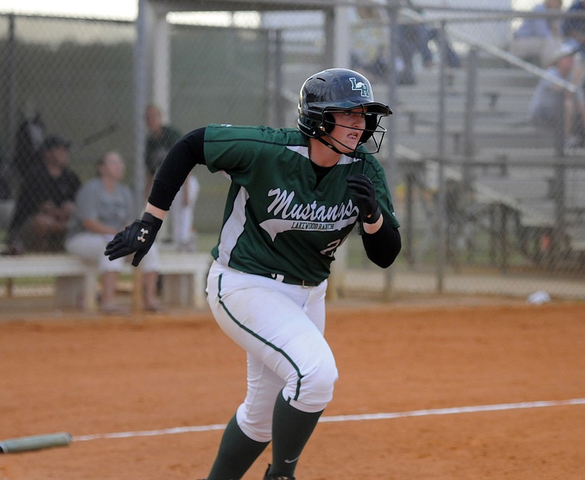 Lakewood Ranch first baseman Kathleen Hopkins hit a deep fly ball in her first at bat.